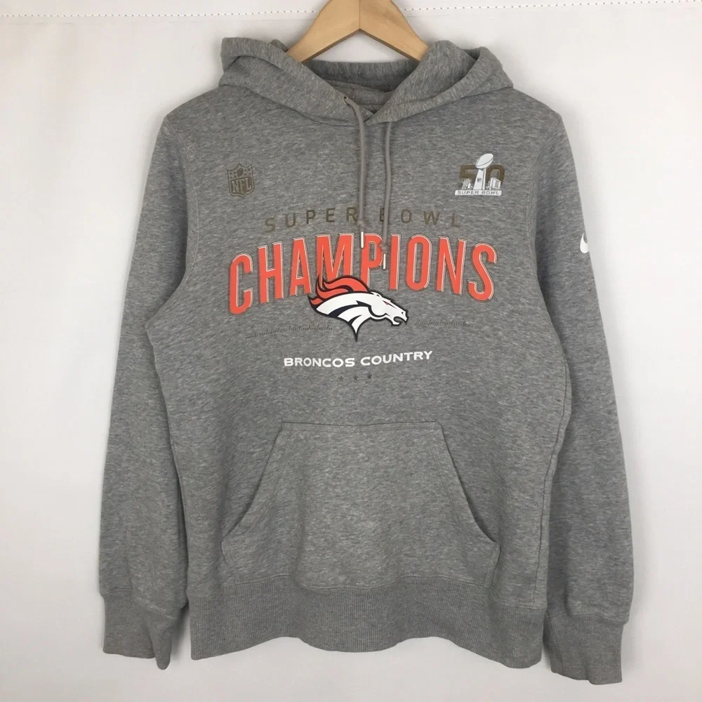 Nike NFL Denver Broncos Super Bowl 50 “Champions” Hoodie Sweatshirt Gray Men’s S